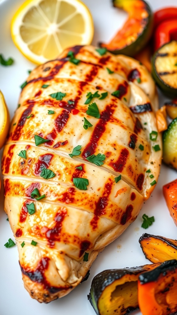 Juicy Grilled Chicken Recipe Grilled chicken breast garnished with herbs and lemon, served with grilled vegetables on a plate.